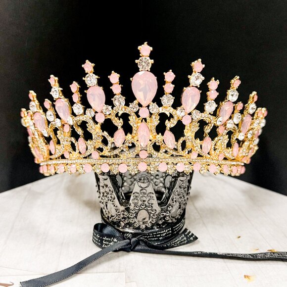 Pink and Gold Crystal Tiara Wedding Princess Gemstone Crown Adult women’s queen - Picture 4 of 11